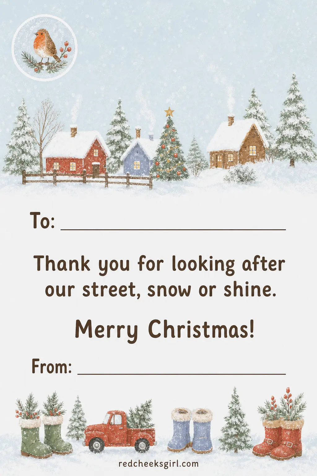 The Community Helper Thank You printable sheet — The mail still arrives in the snow, and someone should probably say so. Kids christmas cards