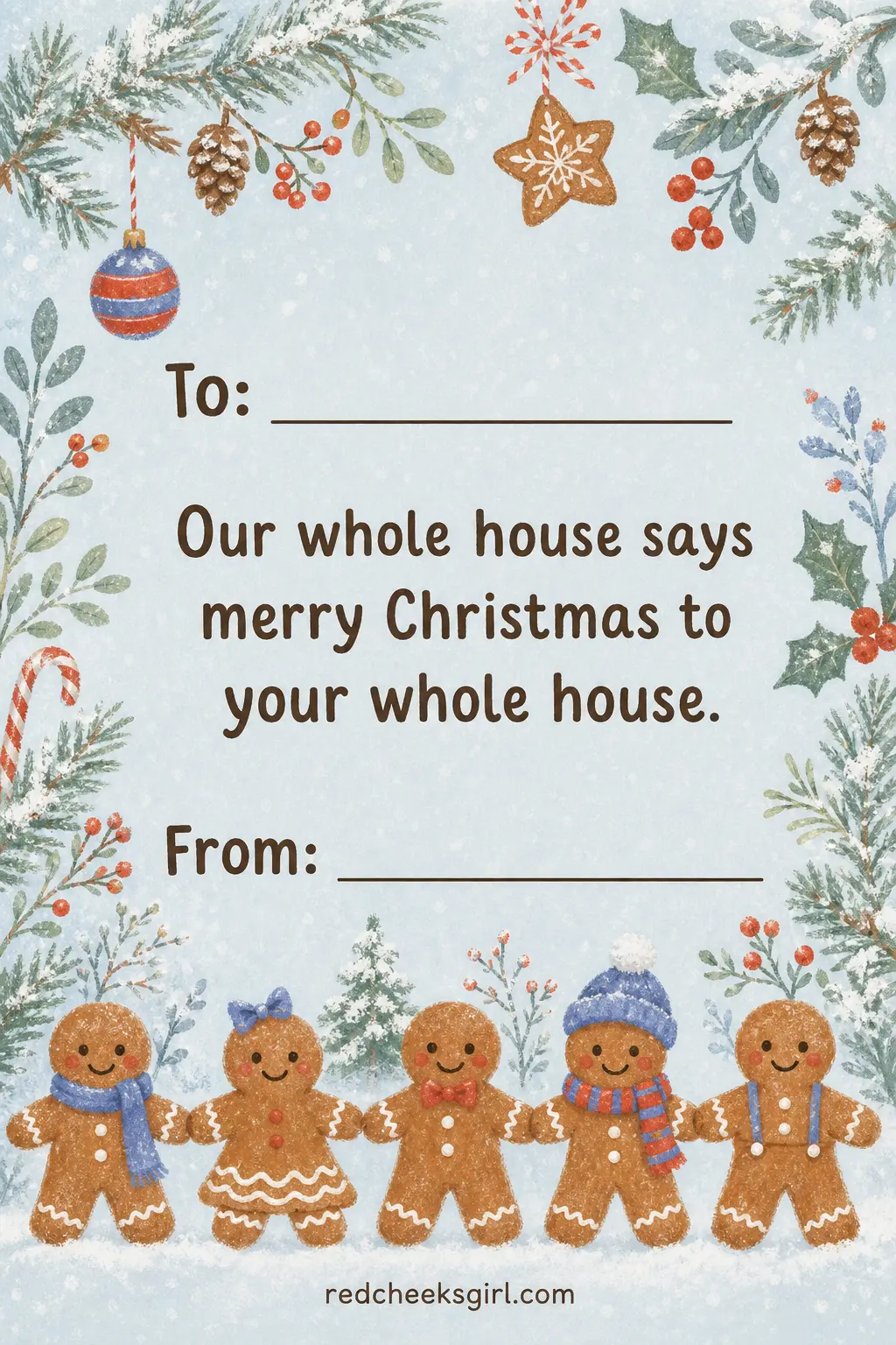 The Gingerbread Family Card printable sheet — One card that covers everyone at once saves a child from writing six separate ones to six separate cousins. Kids