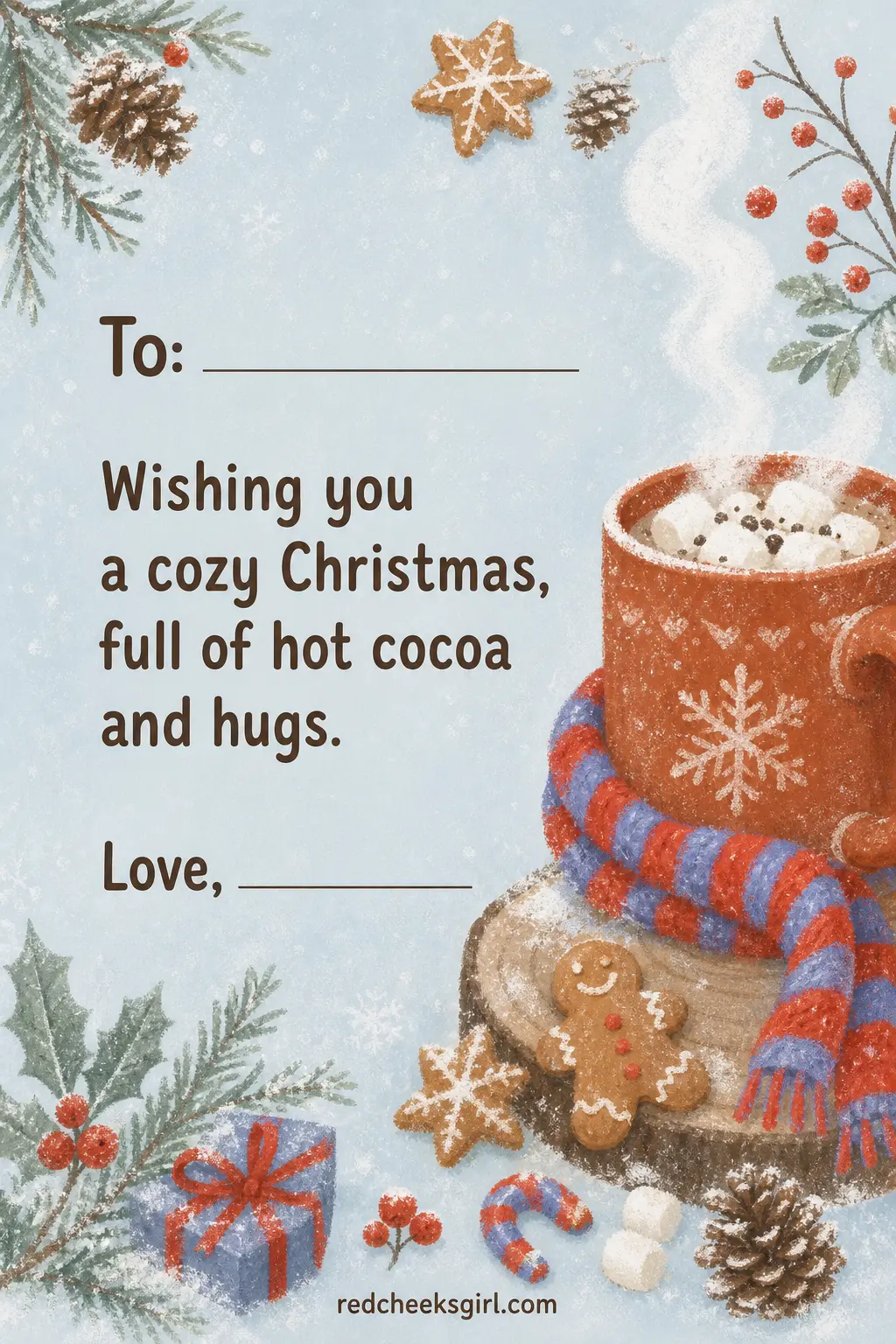 The Hot Cocoa Hug printable sheet — Grandparents keep the cards that sound like the child wrote them, not a shop. Kids christmas cards