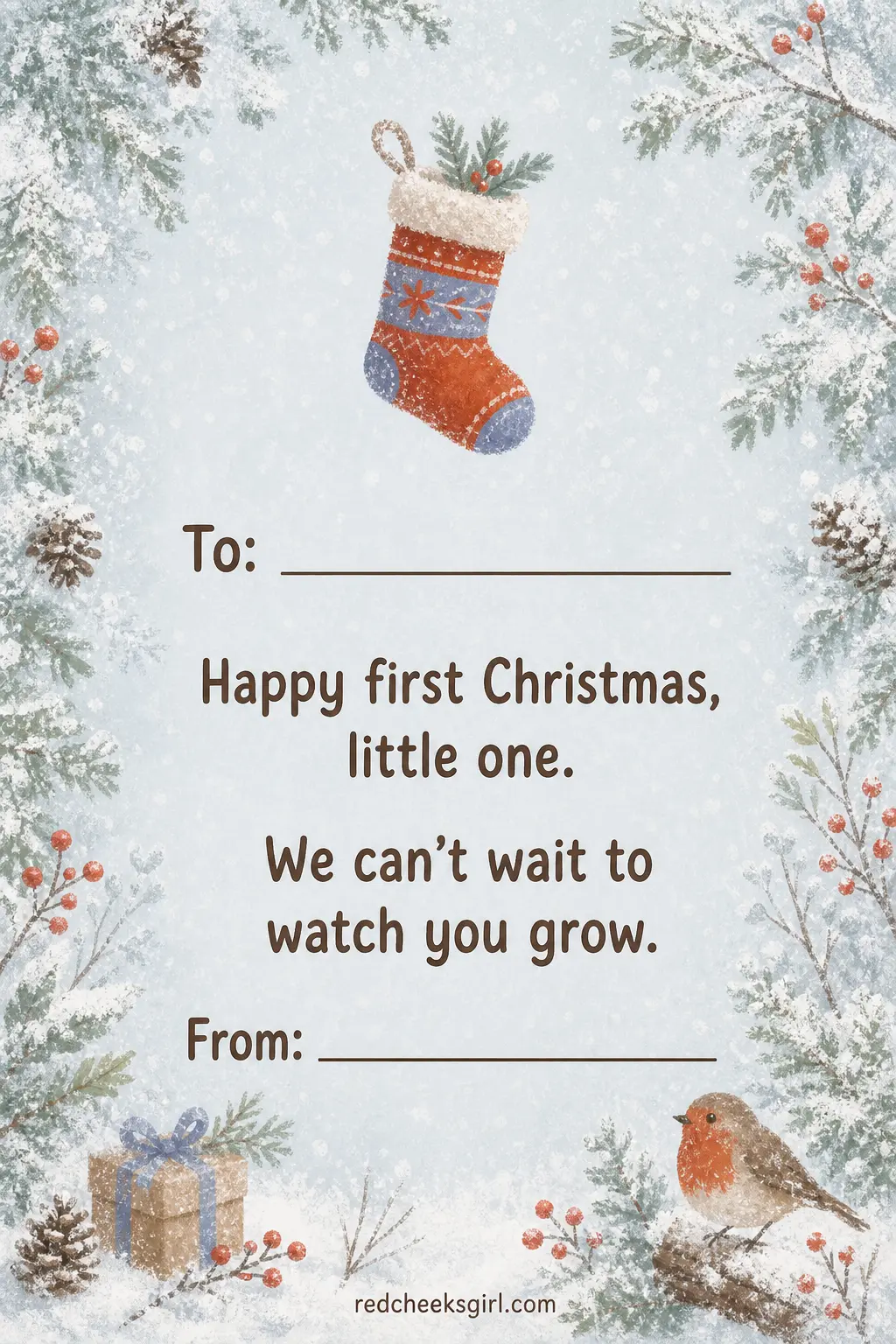 The New Baby's First Christmas Card printable sheet — A baby cannot color a thing yet, so an older sibling or cousin does it for them, which somehow makes the