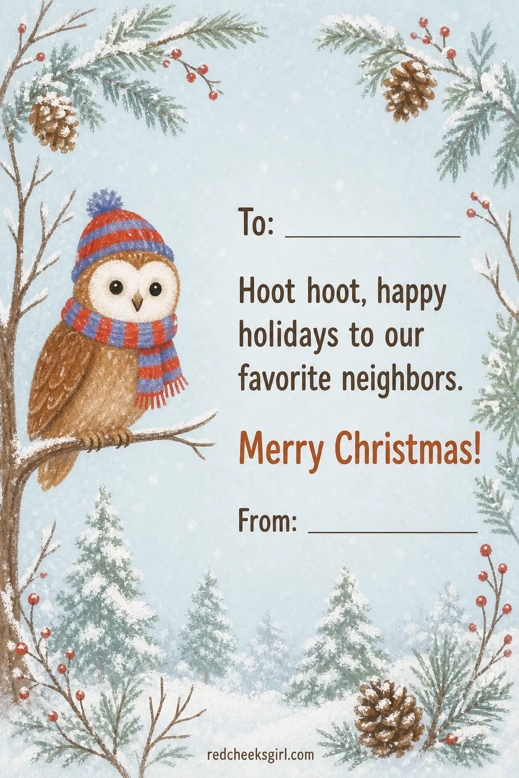 The Owl in a Scarf Card printable sheet — Next door neighbors get the same five cards every year, usually store bought. Kids christmas cards