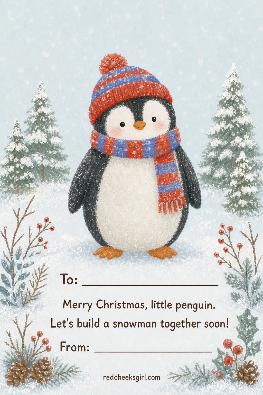 The Penguin Waddle Card printable sheet — A toddler cousin cannot read a paragraph, so this one does not ask them to. Kids christmas cards