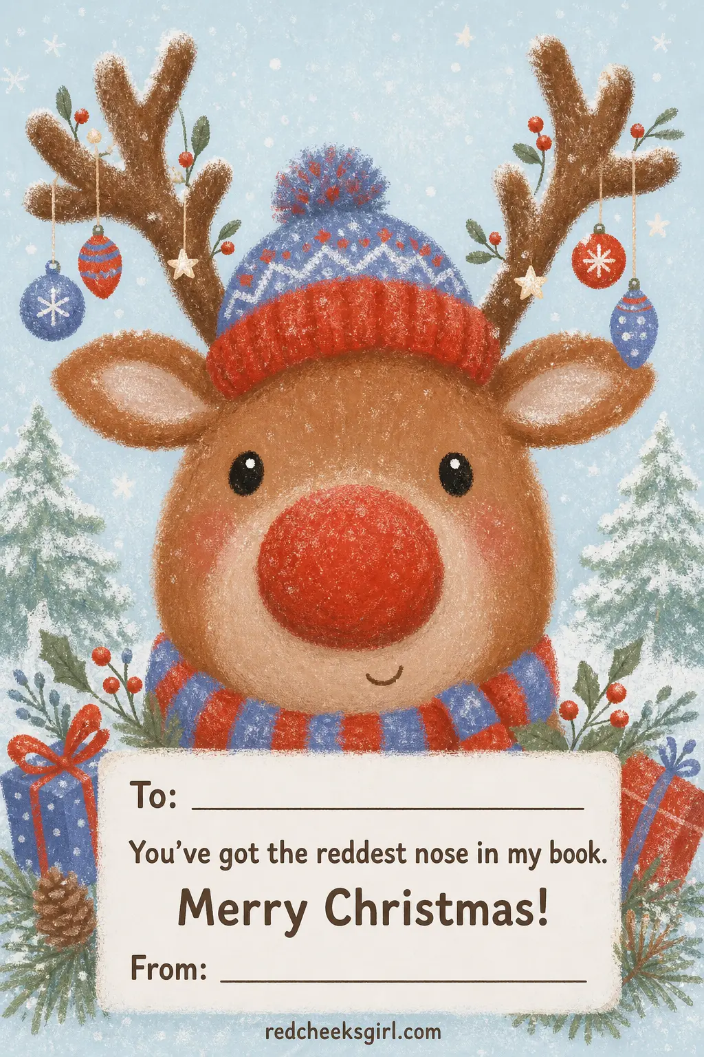 The Reindeer Nose Boop printable sheet — Some cards need to be a little silly or a child will refuse to sign them. Kids christmas cards