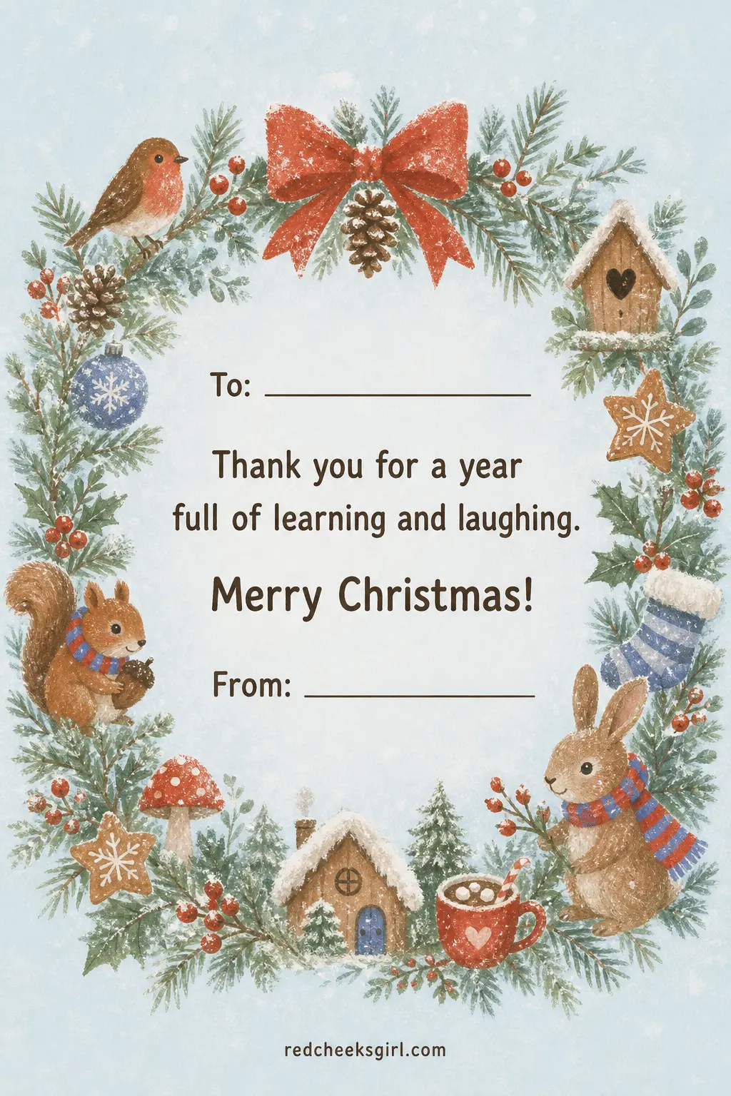 The Wreath Joy Thank You printable sheet — Teachers get a drawer full of mugs every December, which is exactly why a card lands better than another one. Kids