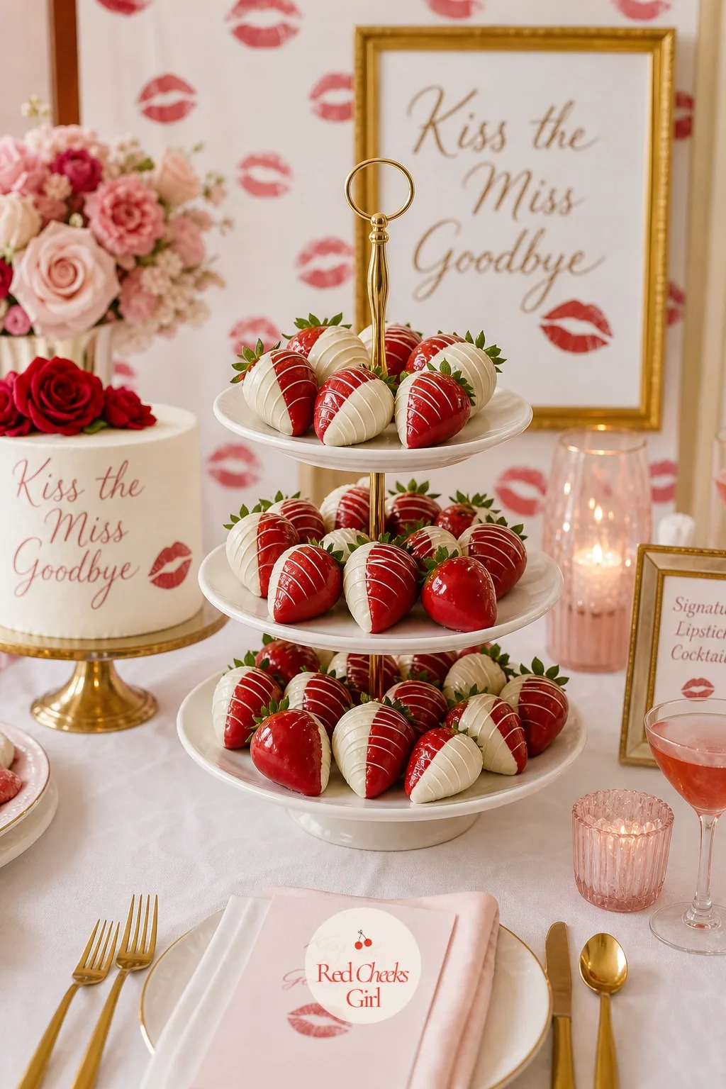 Chocolate-Dipped Strawberry Kiss Tower — Beside the cake, a tiered stand of strawberries dipped halfway in glossy red chocolate and halfway in white, drizzled
