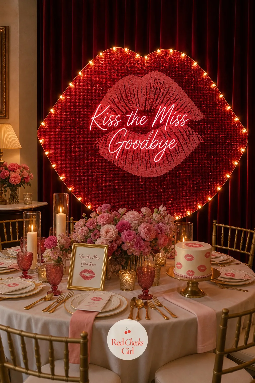 Giant Lips Backdrop — She walks in and there they are: a pair of oversized red lips mounted against a velvet drape, catching the warm light before anyone has