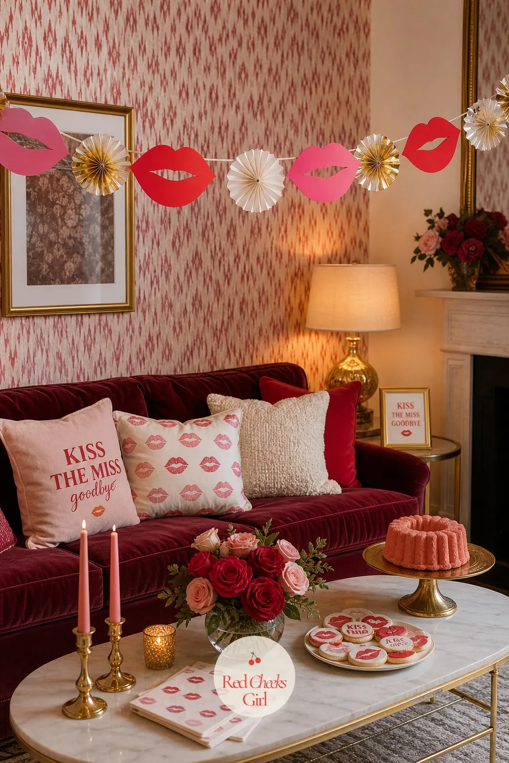 Hanging Paper Lip Garland — Over the lounge area where everyone actually sits and talks, something lighter than the backdrop does the work: a string of small
