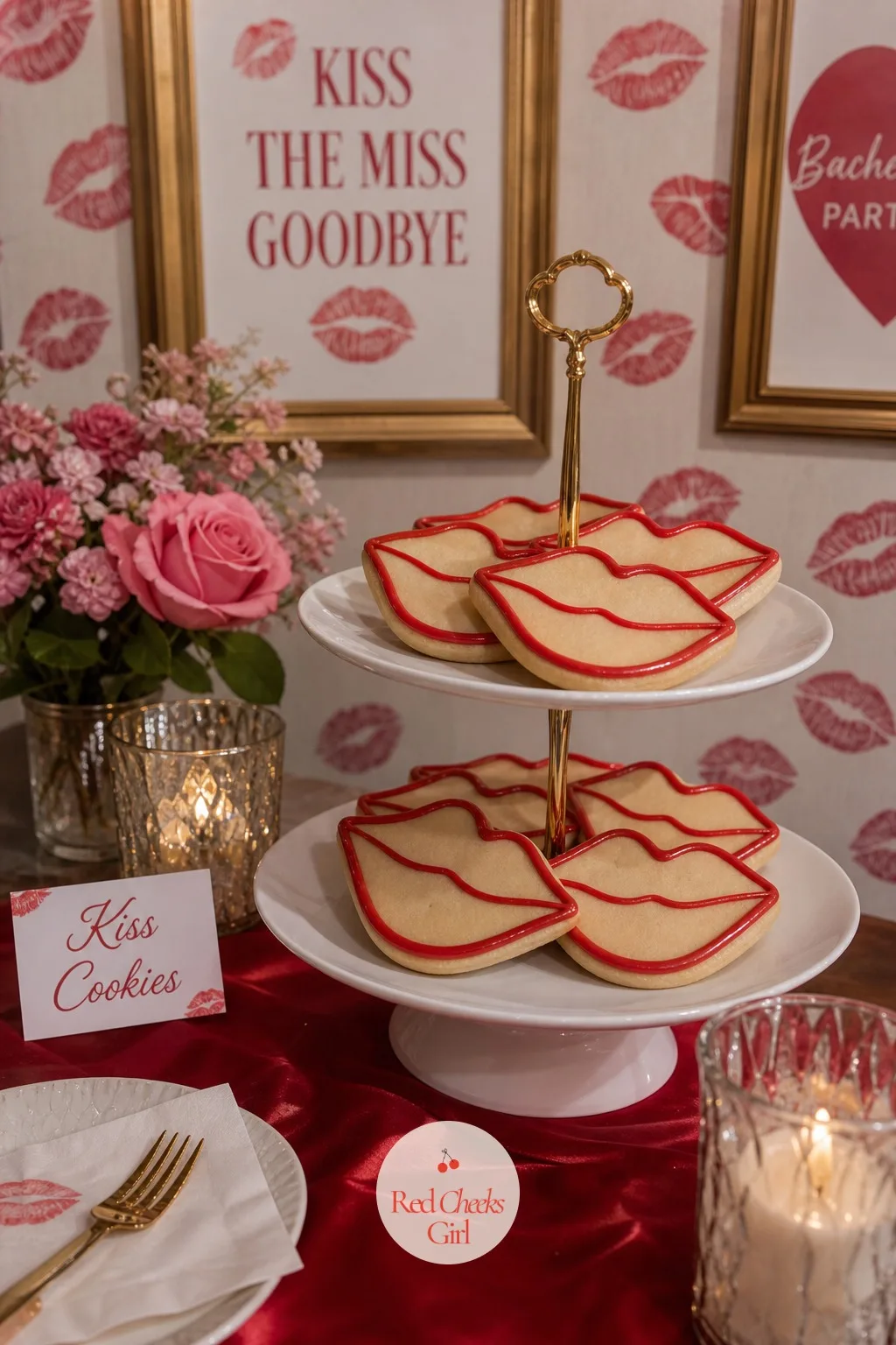 Kiss Cookies — A small tiered stand of lip-shaped sugar cookies sits at the near end of the sweet table, each one outlined in red gel icing with a glossy