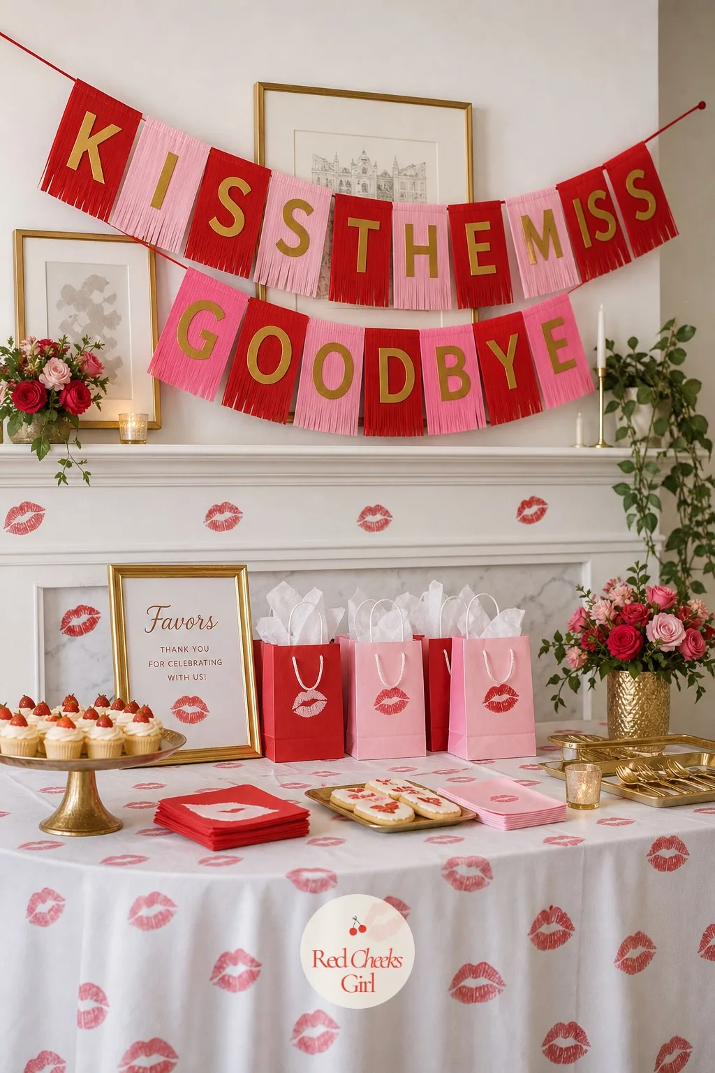 Kiss the Miss Goodbye Banner — Over the favor table or the mantel, a fringed banner spells out the phrase that started the whole night, small enough that it