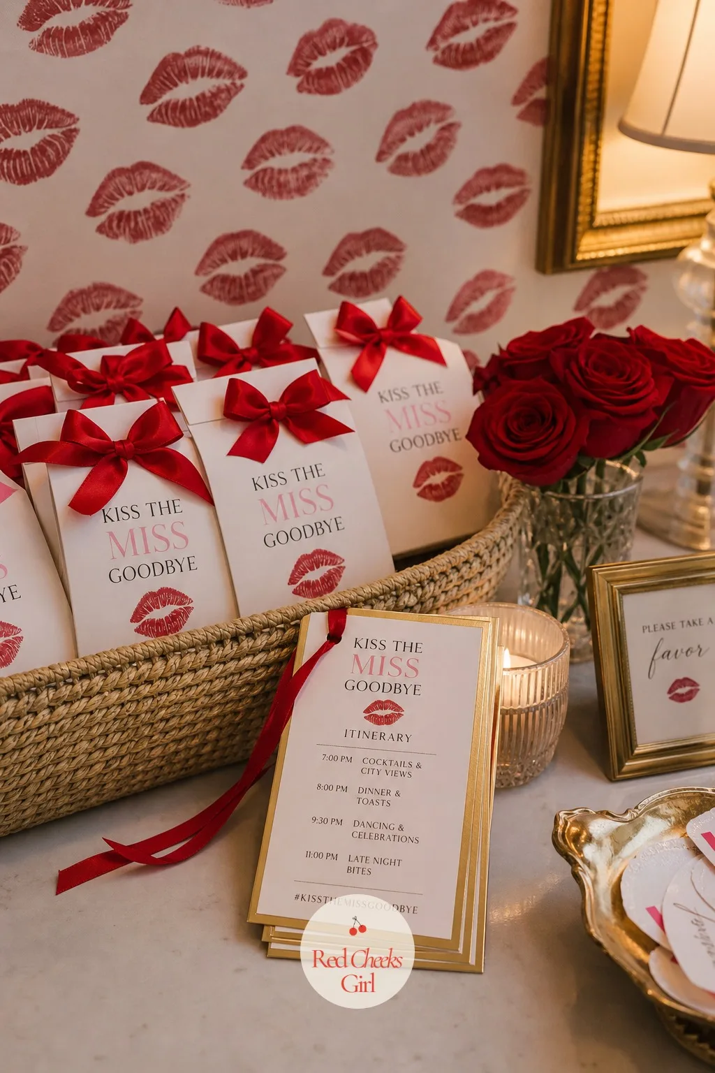 Kiss the Miss Goodbye Itinerary — The very last thing anyone picks up on the way out the door is the smallest: a gold-trimmed card listing the night's