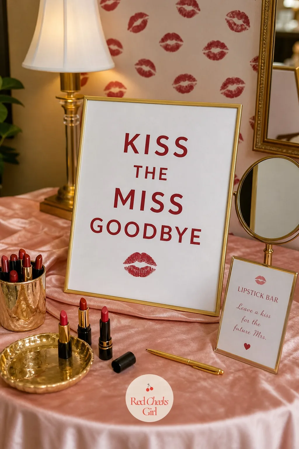 Kiss the Miss Goodbye Keepsake Print — This is the one activity every guest actually finishes: a framed print reading Kiss the Miss Goodbye, set on a small