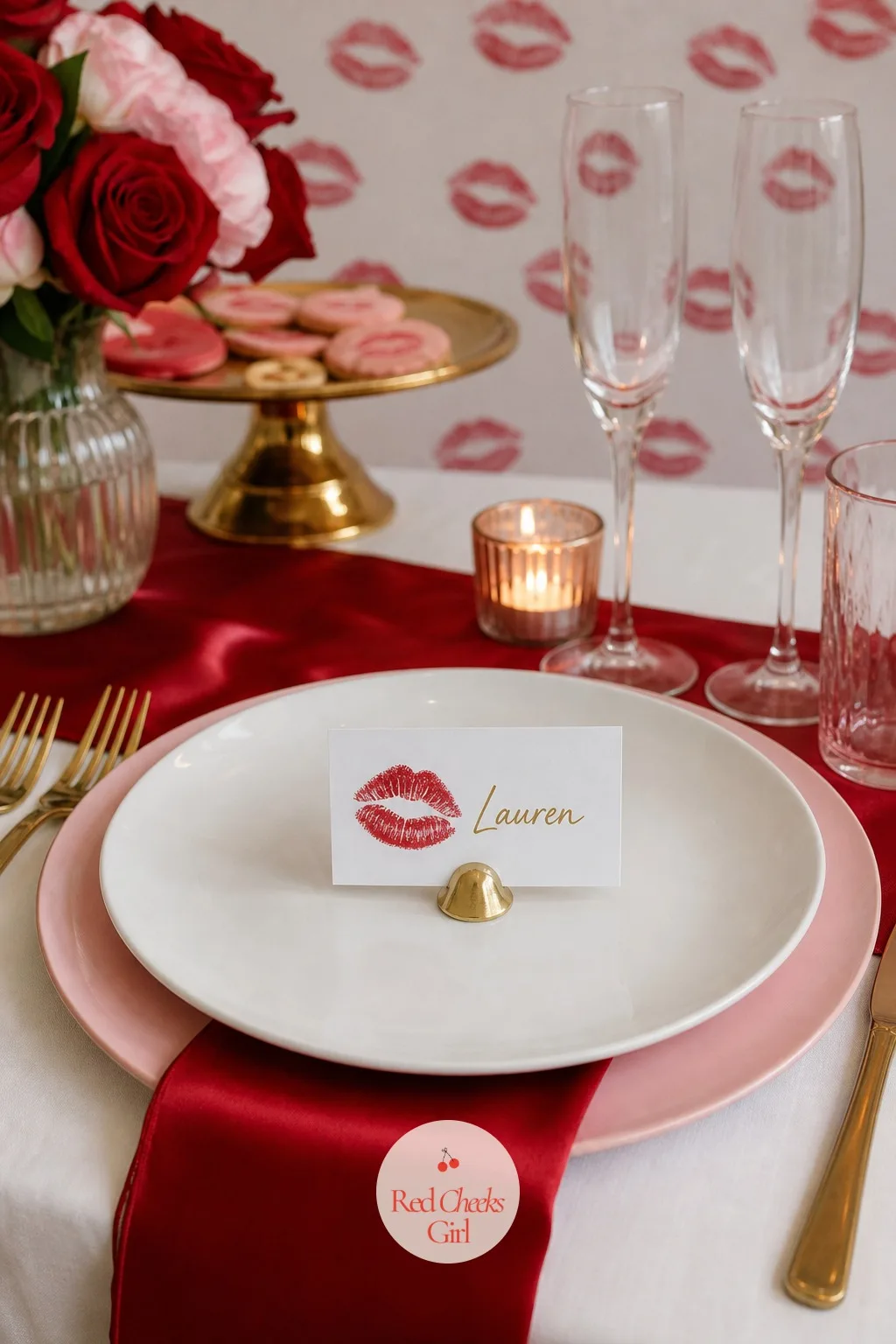 Kiss-Mark Place Cards — At each seat, a small white card with a single red lip mark stamped in the corner and her name written across it in gold ink, so even