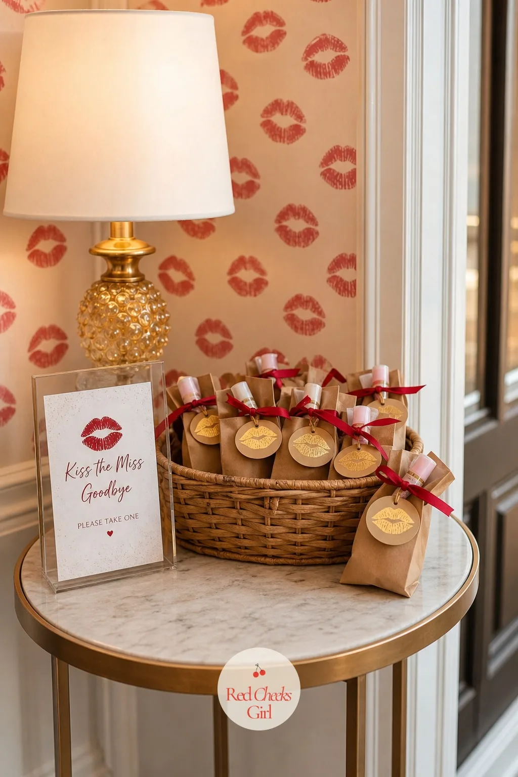 Lip Balm Favors — By the door, a small basket holds the one favor everyone actually uses again: tinted lip balms in a cherry or rosé shade, tied with a tag