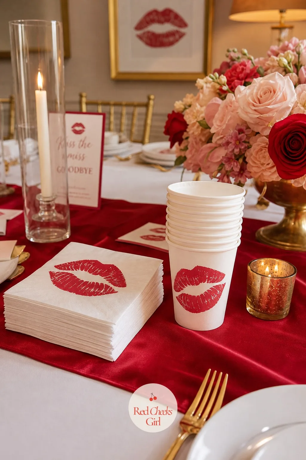 Lip-Print Napkins and Cups — Every glass she sets down leaves a little red kiss mark on the napkin underneath it, printed on, not smudged, so even the paper