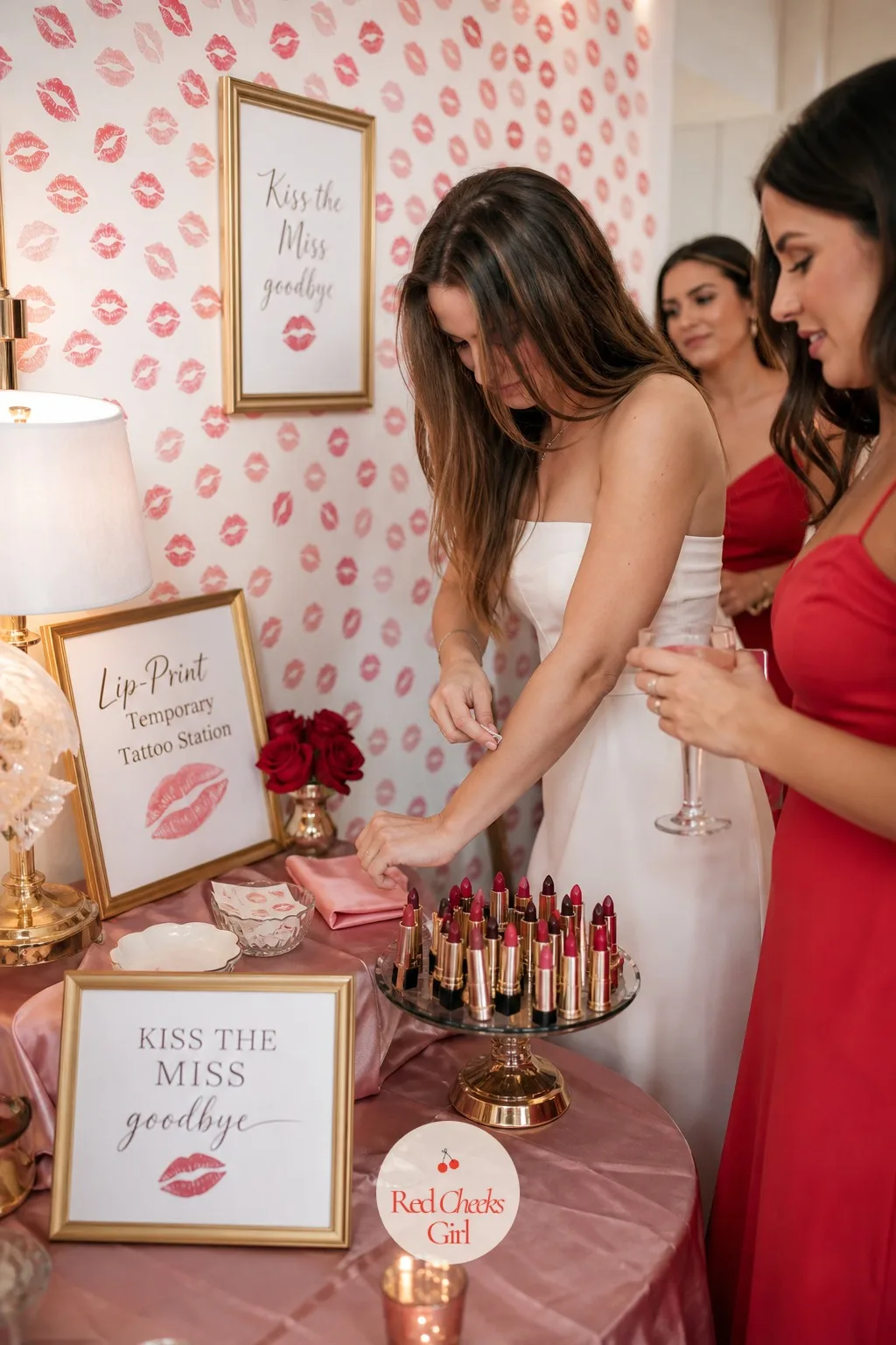 Lip-Print Temporary Tattoo Station — Next to the lipsticks, a small dish of temporary tattoos gives everyone a kiss mark to wear on her wrist or collarbone for