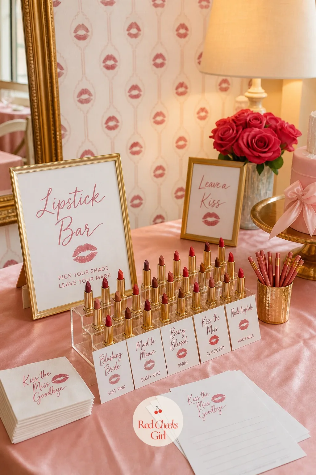 Lipstick Bar With Shades for the Group — This is the one station every guest ends up standing at twice: a small table lined with lipstick tubes in every red