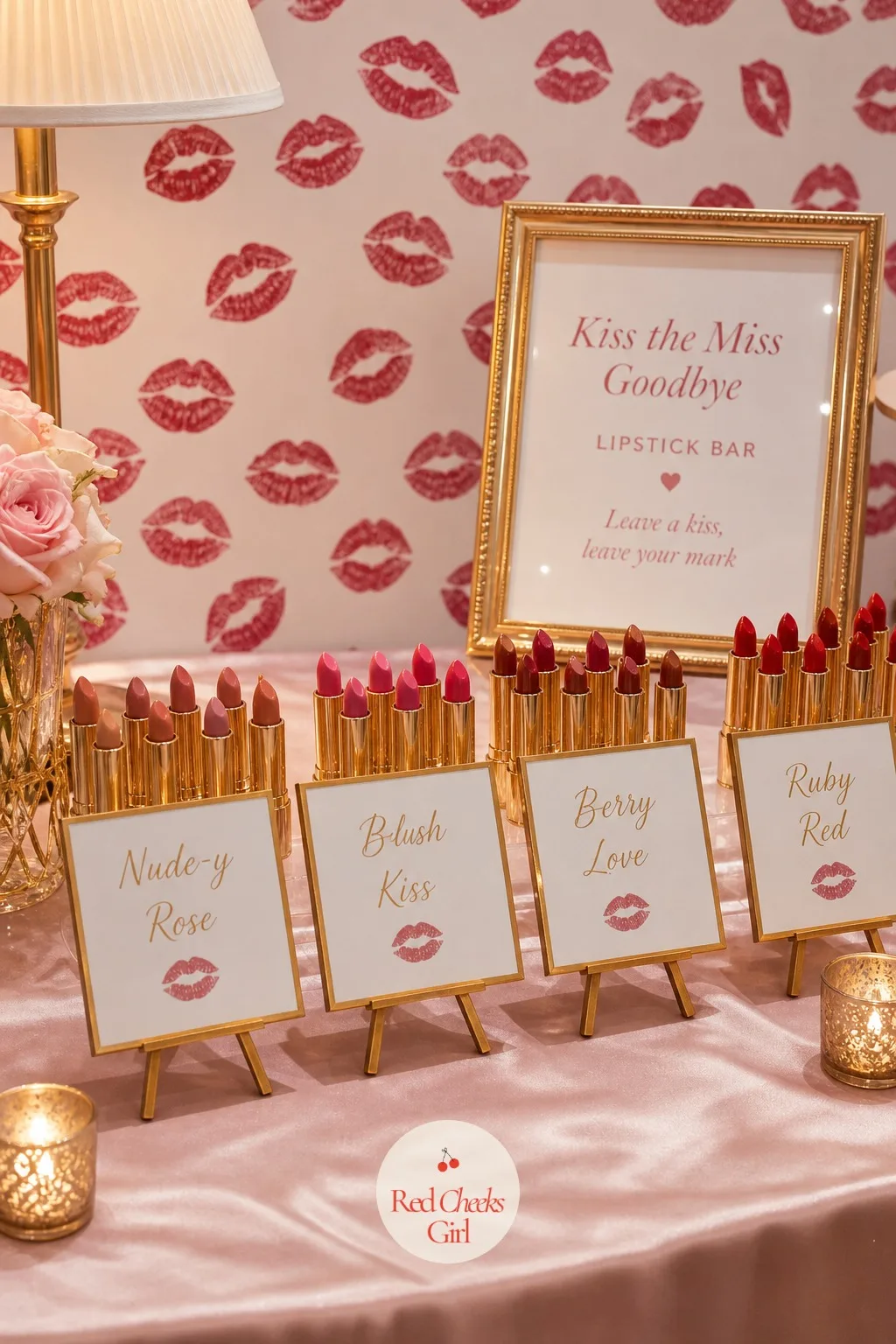 Lipstick Shade Name Tags — A small gold-lettered tag beside each lipstick gives the shade a name of its own, half practical, half joke: Last Night as a Miss