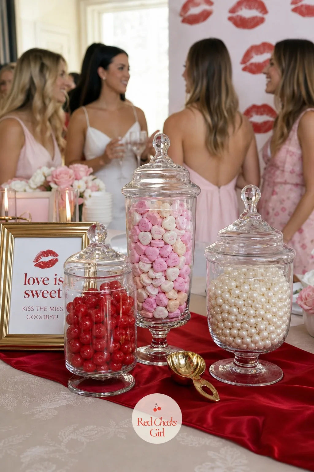 Pink and White Candy Jars — At the far end of the table, three glass apothecary jars hold cherry sours, conversation hearts and white chocolate pearls, a