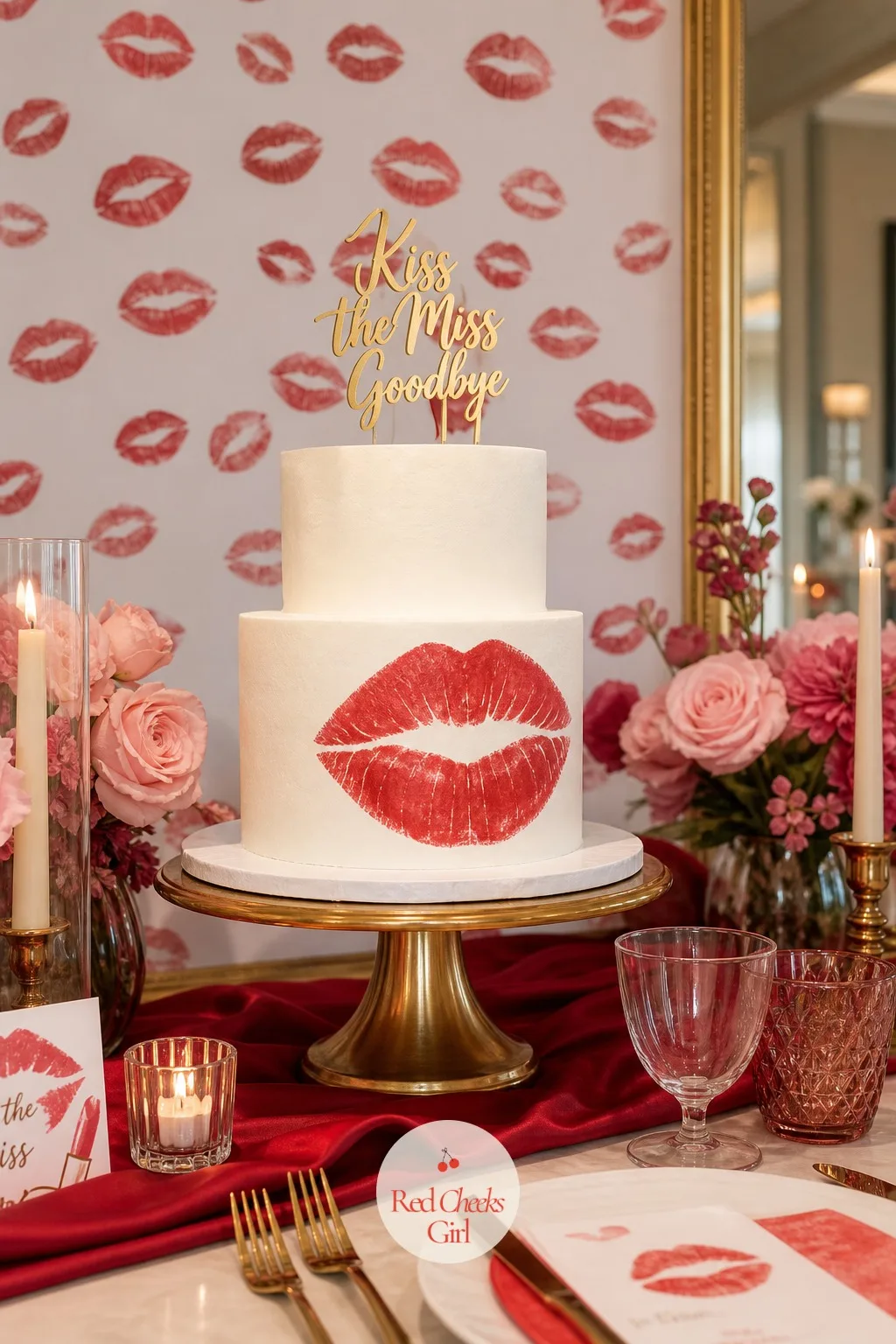 Red Lip Cake — At the center of the table, a tall white cake wears a single oversized red lip mark pressed into the icing like a signature, with a small gold
