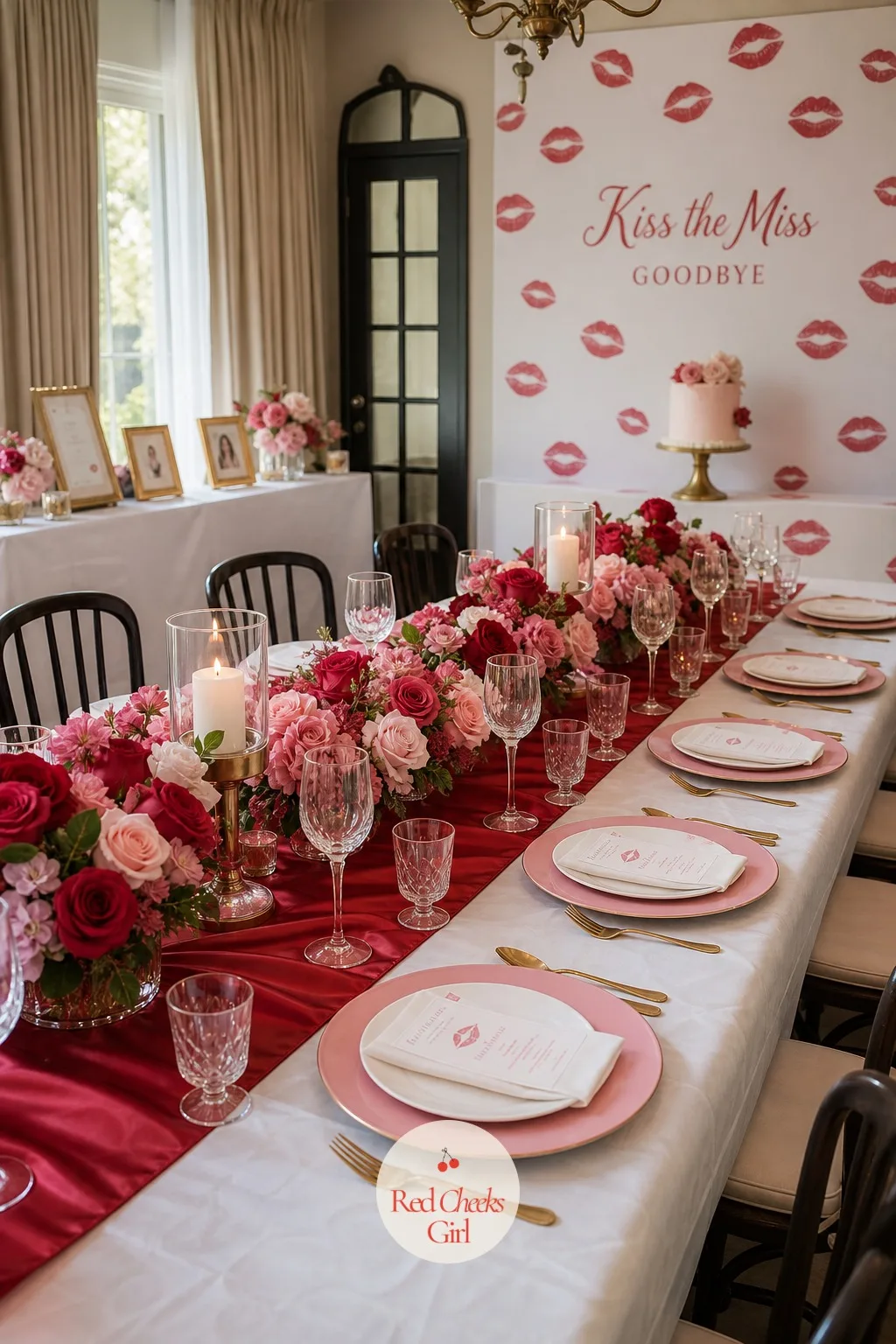 Red and Pink Tablescape — The table itself is where the whole palette finally sits still long enough to look at: a deep red runner down the middle of a white