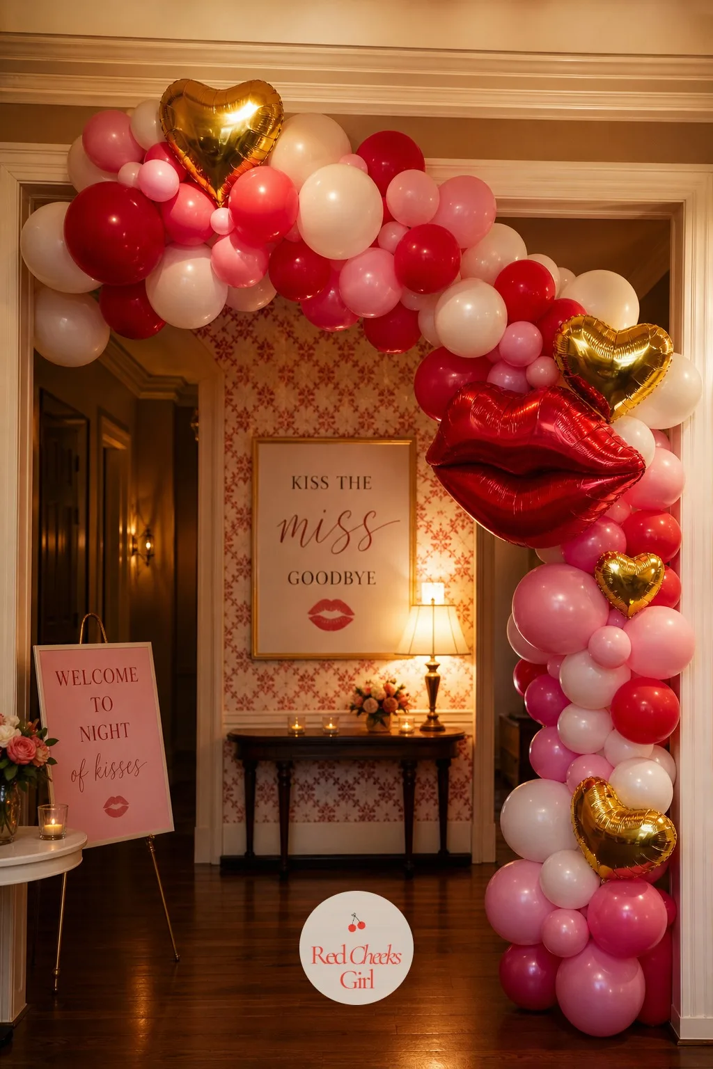 Red, Pink and White Balloon Garland Arch — She half expects balloons to feel juvenile by now, and then she sees this one: a loose, organic garland in three