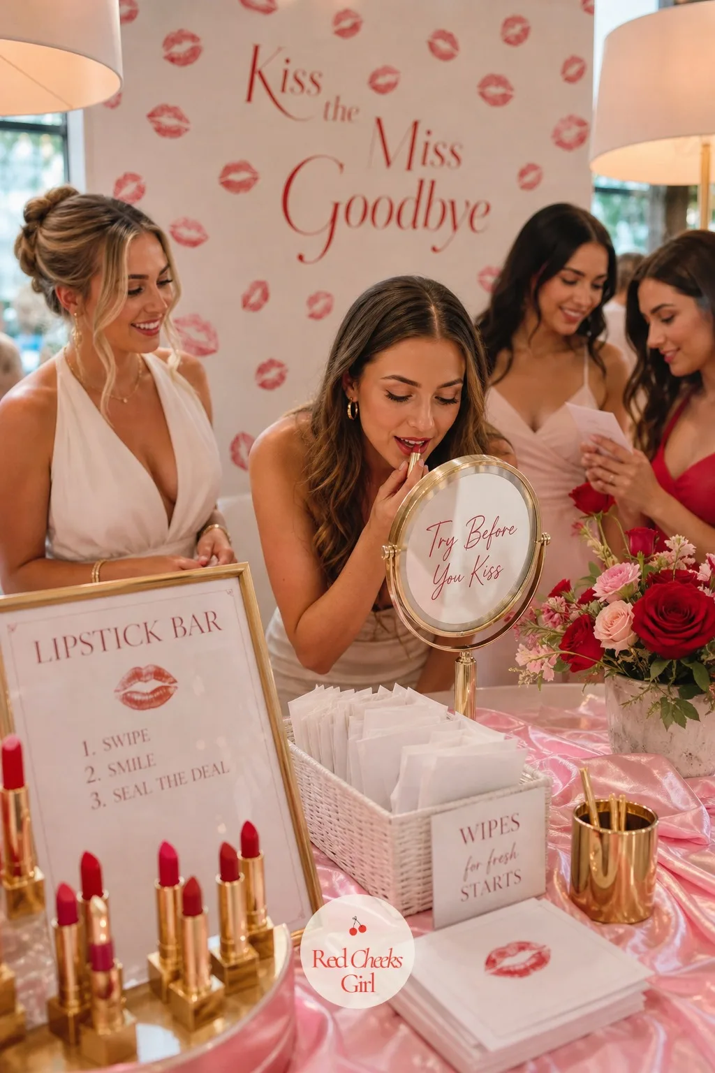 Try-Before-You-Kiss Mirror Station — Nobody wants to commit to a shade blind, so a small mirror sits right at the lipstick bar, with a stack of scratch paper
