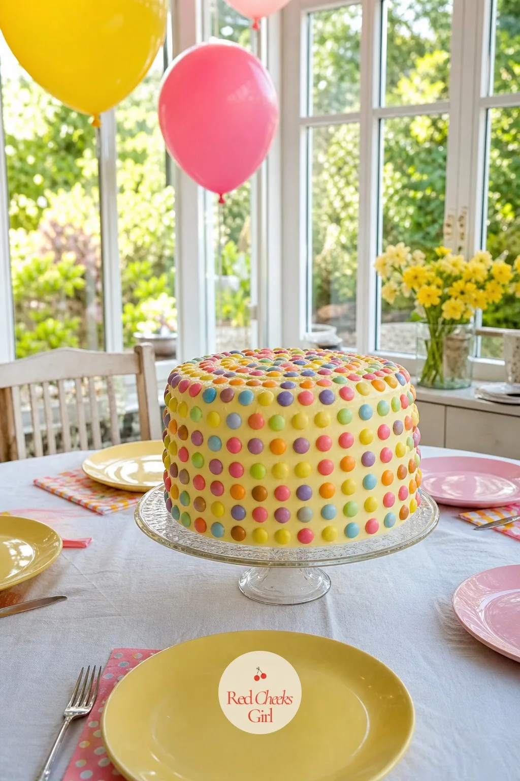 Cake Covered In Candy Buttons — Candy buttons in clashing colours pressed flat against pale icing turn a plain round into something closer to a mosaic. Kitsch