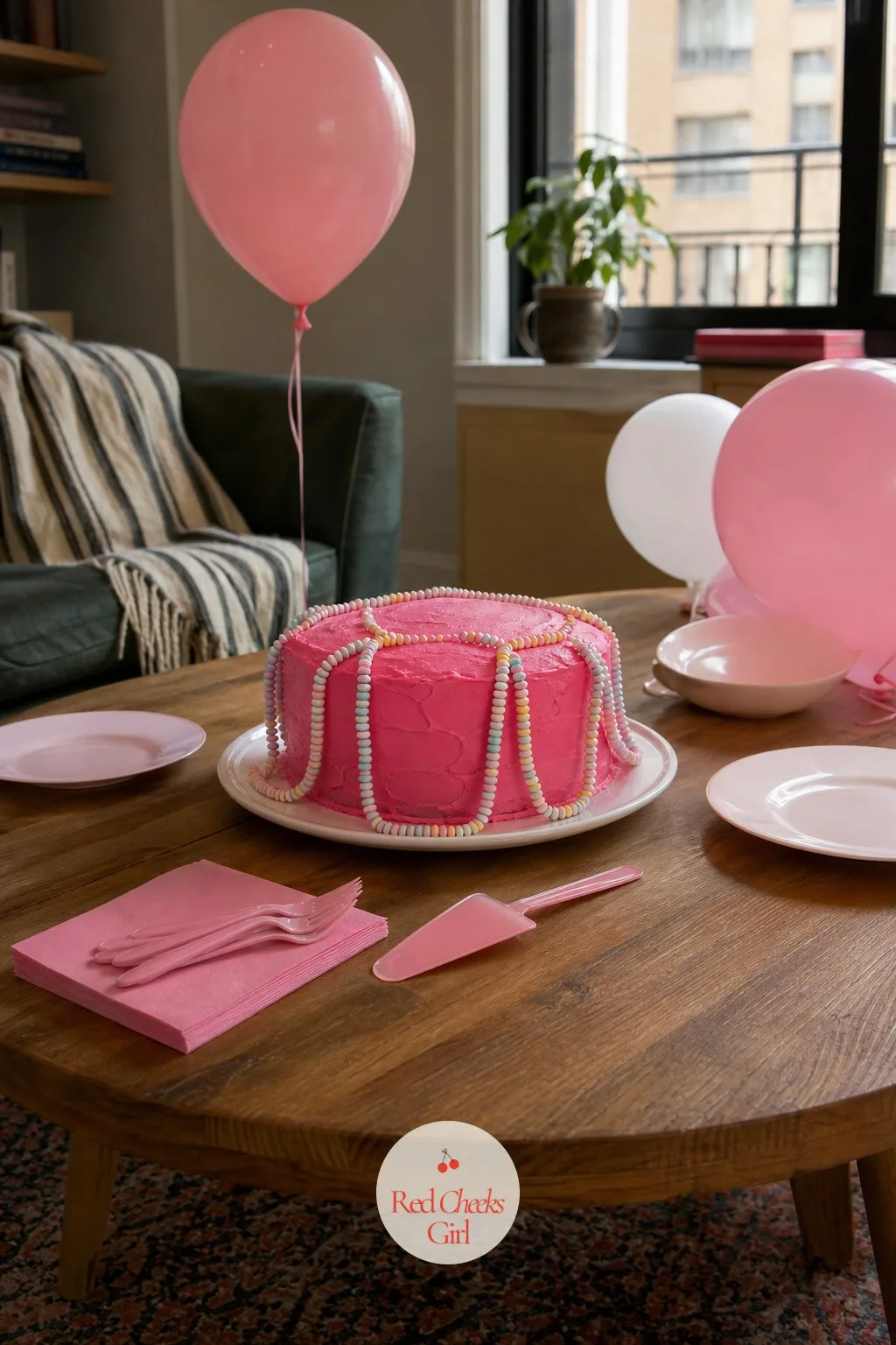 Cake Ringed With Candy Necklaces — A grown woman wearing a candy necklace at her own party is funny on its own. Kitsch cake