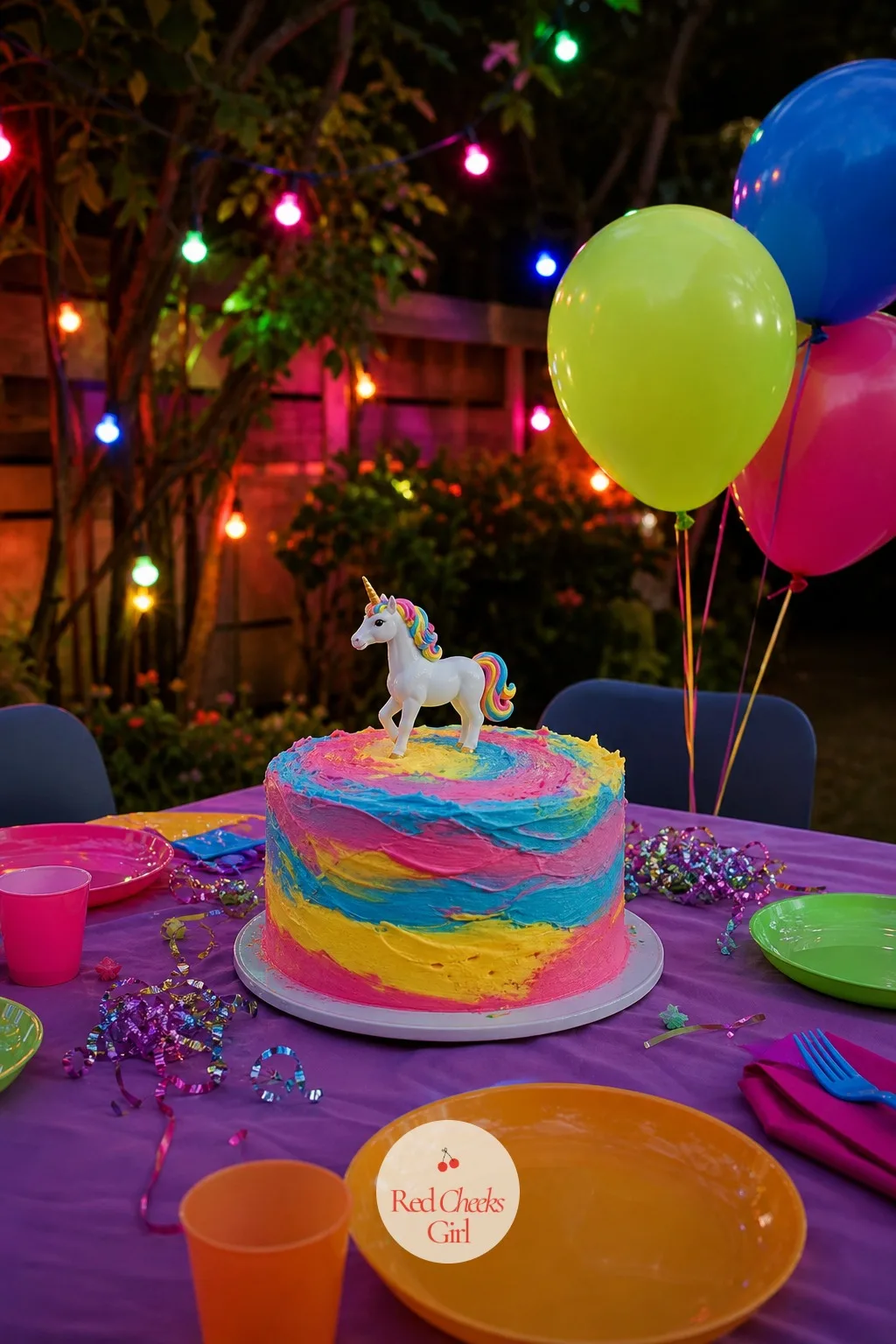 Cake Swirled In Three Clashing Neon Colours With A Toy Unicorn — Three neon colours on one cake, swirled rather than separated, should clash badly. Kitsch cake