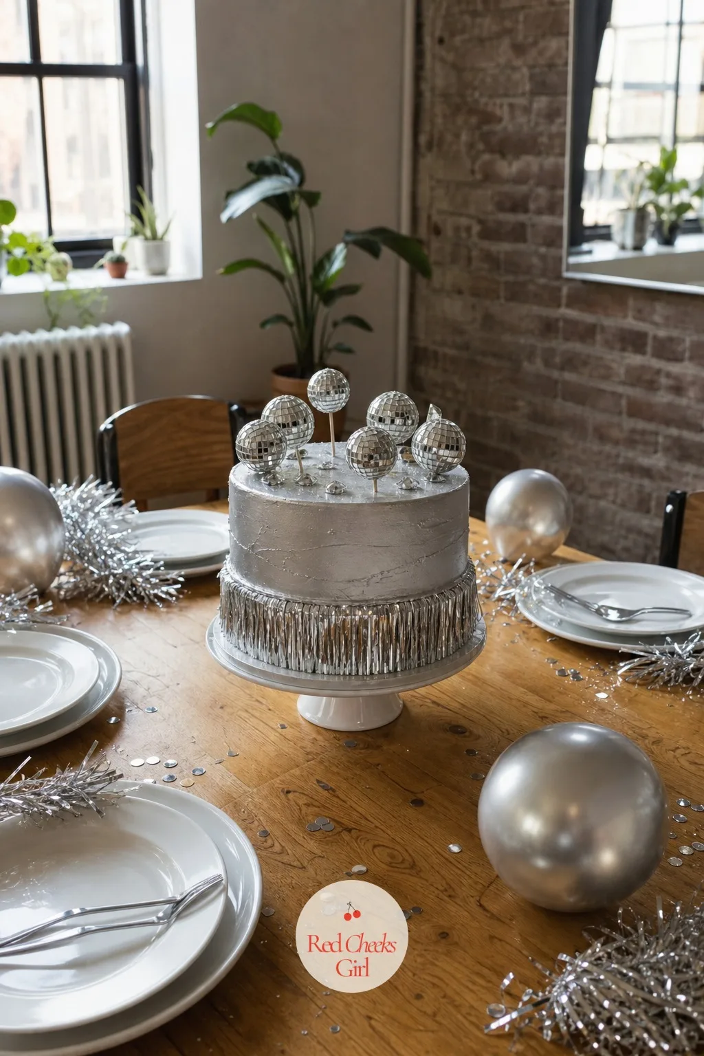 Cake Topped With Mini Disco Balls And Tinsel Fringe — A full size disco ball is a commitment. Kitsch cake