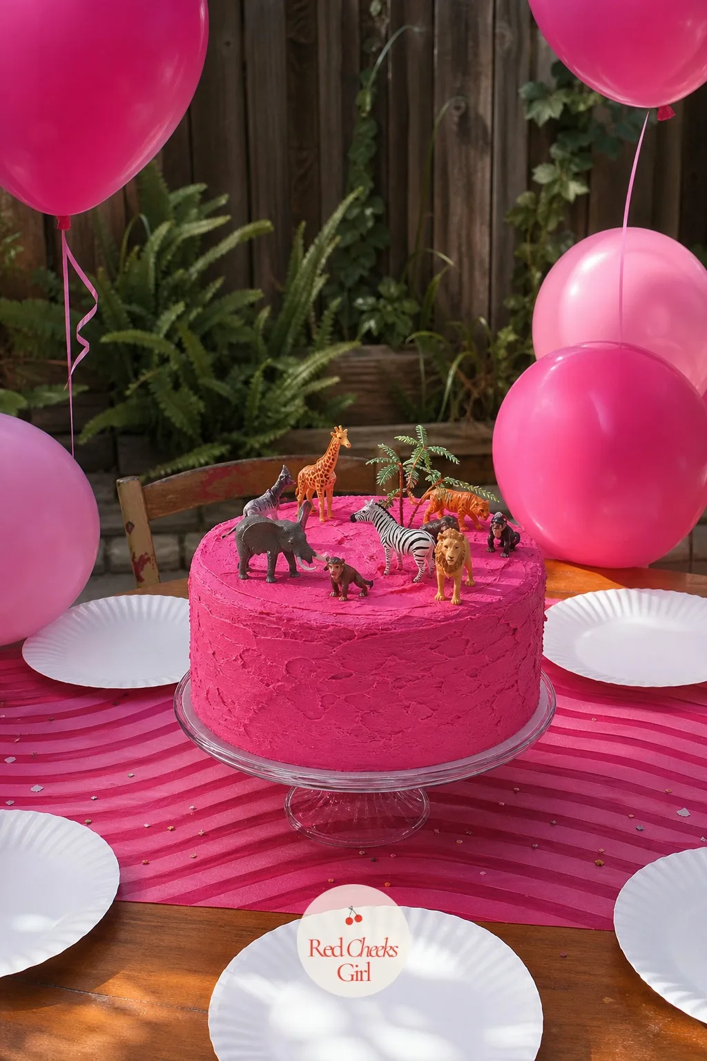 Hot Pink Cake With Plastic Toy Animals — A beige cake disappears on a party table. Kitsch cake