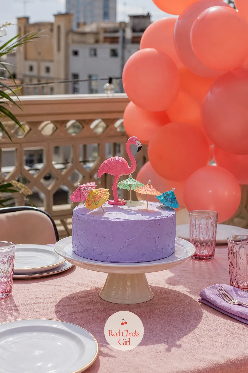 Lilac Cake Topped With A Plastic Flamingo And Cocktail Umbrellas — This is the cake for the friend who wants a hint of tropical without booking a holiday.