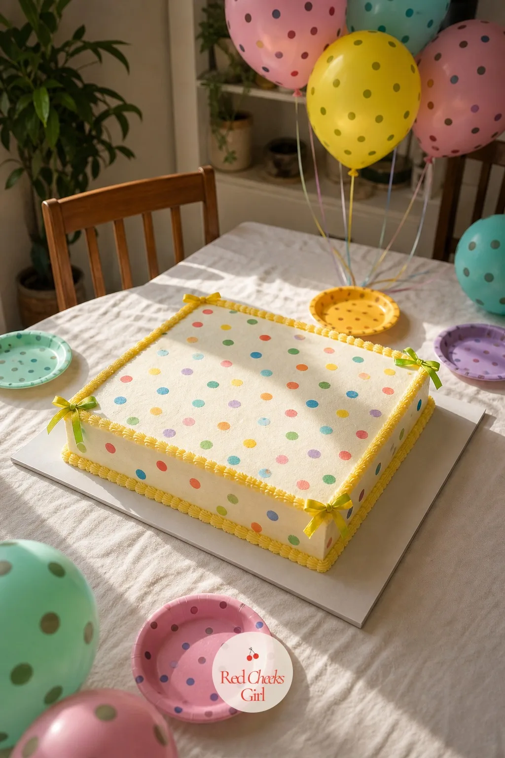 Polka Dot Sheet Cake With Bows — A sheet cake can look flat and dutiful, the kind brought to an office party out of obligation. Kitsch cake
