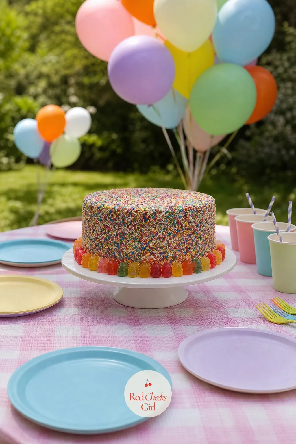 Rainbow Sprinkle Cake With A Ring Of Gummy Candy — Sprinkles alone can look like an afterthought. Kitsch cake