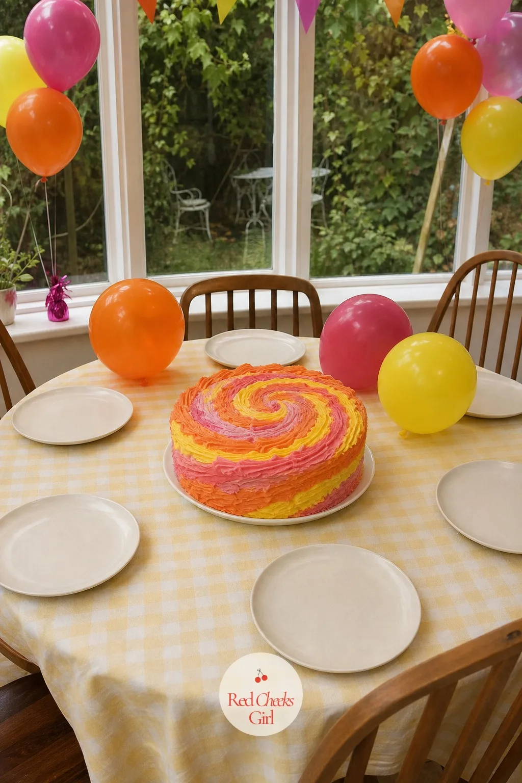 Tie-Dye Swirl Cake In Orange, Pink And Yellow — Three colours fighting for space on one cake should look wrong. Kitsch cake