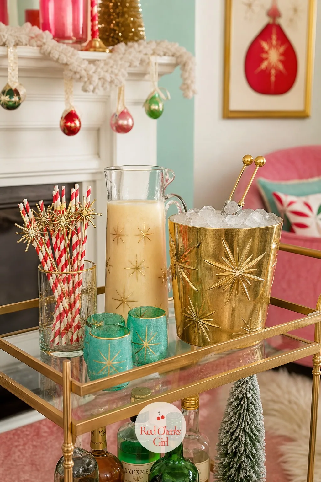 Bar Cart Styled for Eggnog With a Starburst Ice Bucket and Swizzle Sticks — A drinks corner gives guests somewhere to drift to that is not the kitchen, and a