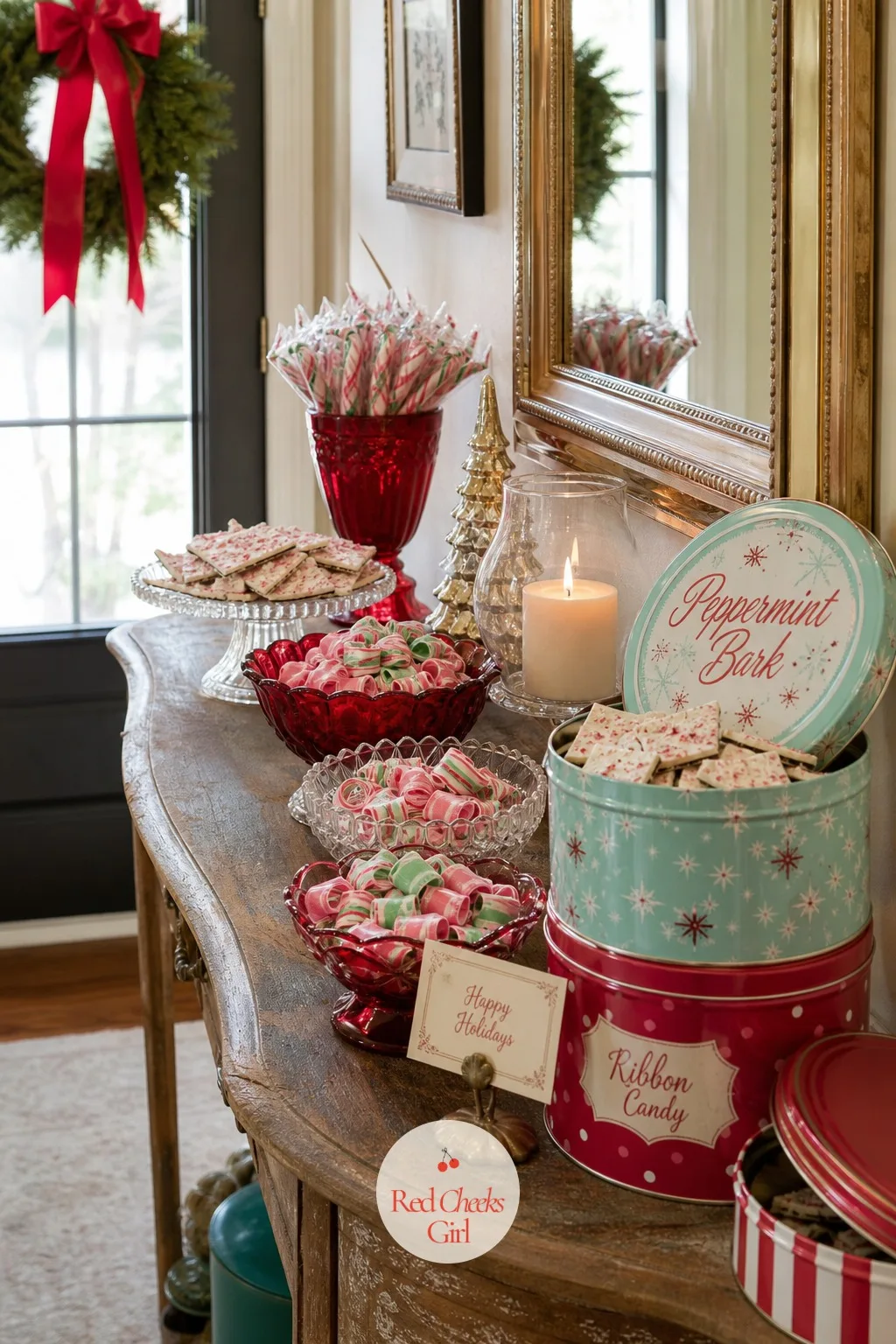 Candy Dish Buffet With Ribbon Candy and Peppermint Bark Tins by the Door — The last thing a guest sees on the way out sets the memory of the whole evening