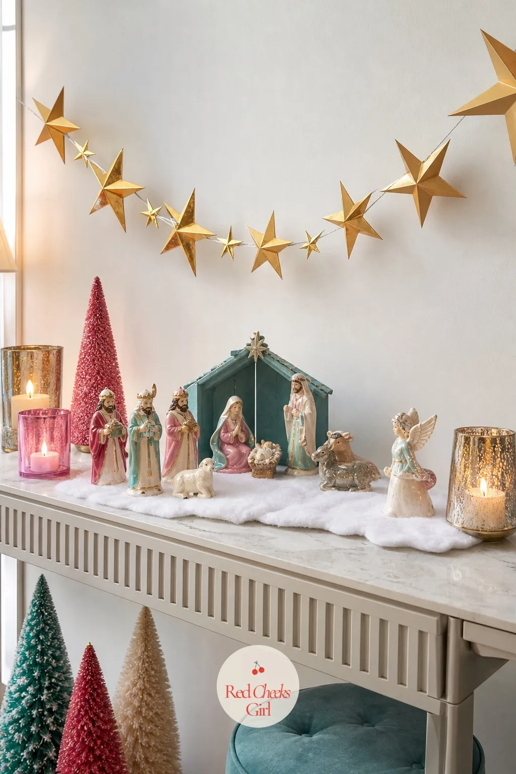 Console Table Nativity Scene With Ceramic Figurines Under a Paper Star Garland — An entry console often sits empty most of the year. Kitsch christmas