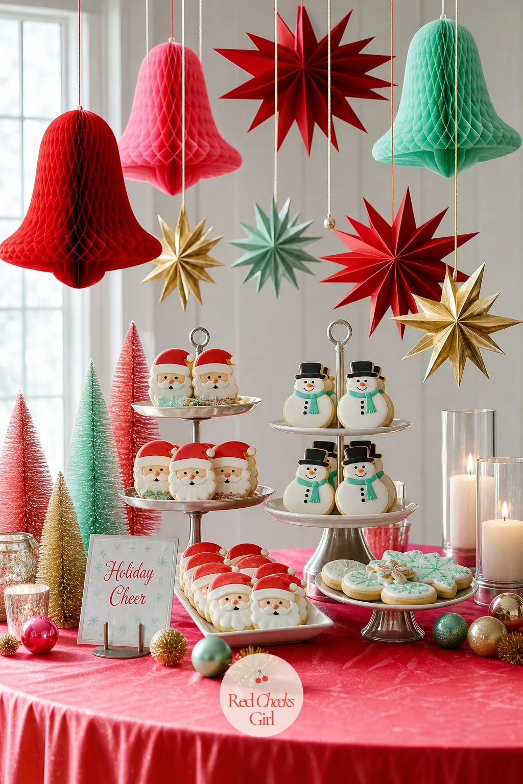 Cookie Table of Santa and Snowman Cookies Under Paper Honeycomb Bells and Stars — Cookies alone on a plate look like snacks. Kitsch christmas
