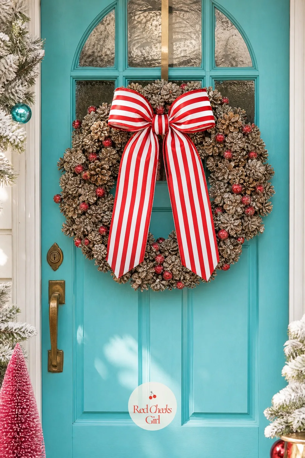 Front Door Wreath Scene With a Glittered Pinecone Wreath and Striped Ribbon — A front door with nothing on it reads as an afterthought, no matter how nice the