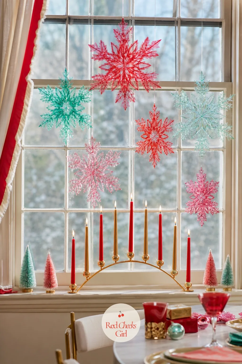 Front Window Dressed With Cellophane Snowflakes and a Taper Candle Arch — From the street, this is the window that makes a whole block look like it still