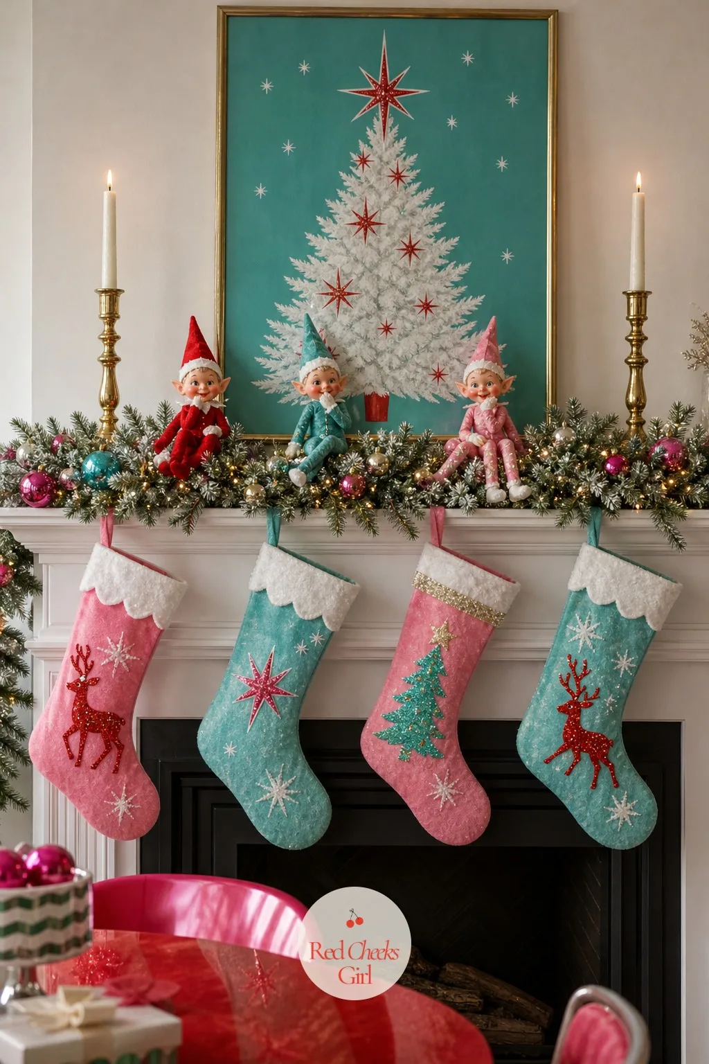 Glitter Mantel With Felt Stockings and Pixie Elves — A bare mantel in December looks like an oversight. Kitsch christmas
