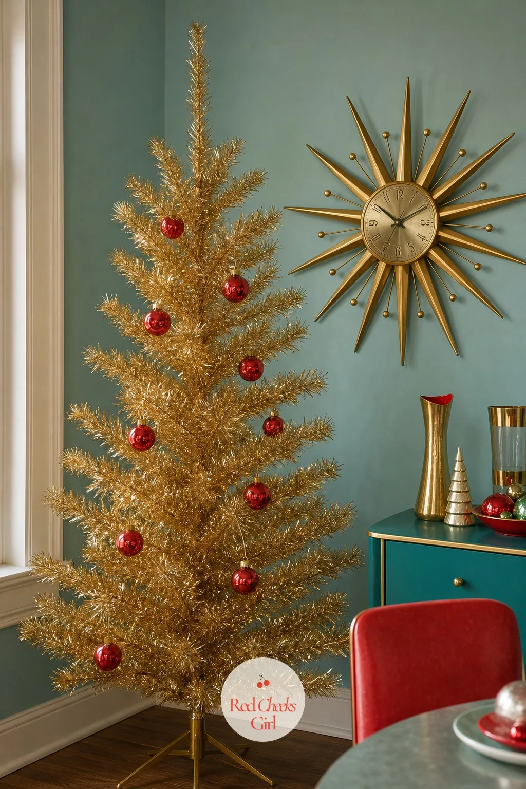 Gold Tinsel Tree Corner With a Starburst Clock on the Wall Behind It — Tinsel trees move when the air moves, which is half the appeal: they catch light from