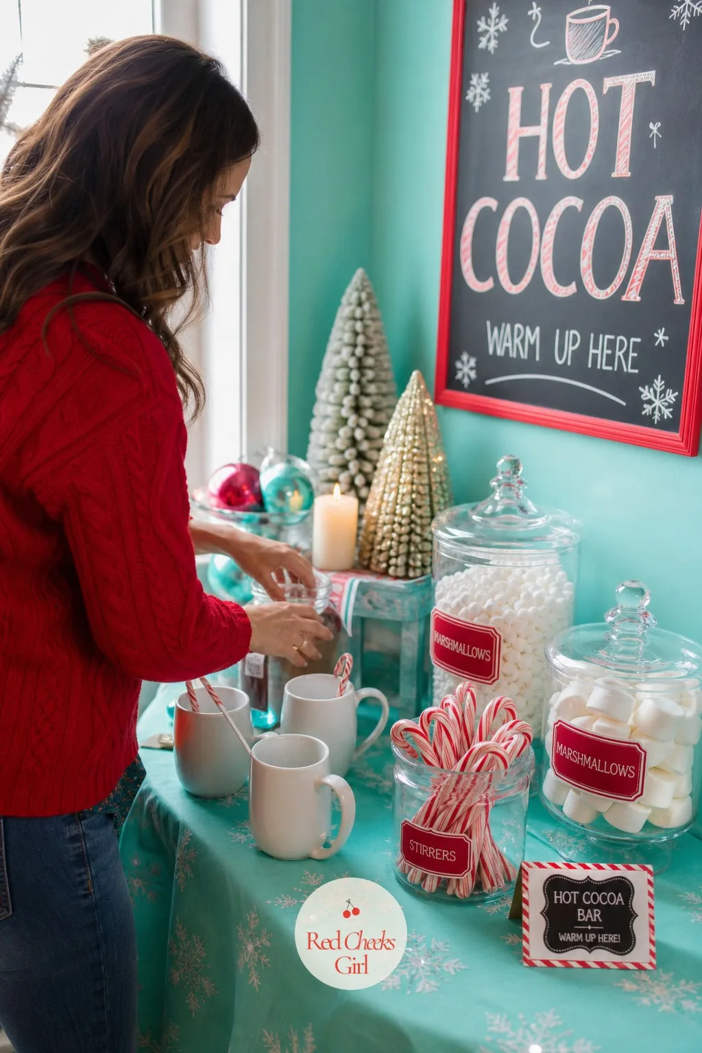 Hot Cocoa Station in a Turquoise Corner With Marshmallow Jars and Candy Cane Stirrers — Cocoa gets passed around all evening if there is somewhere obvious to