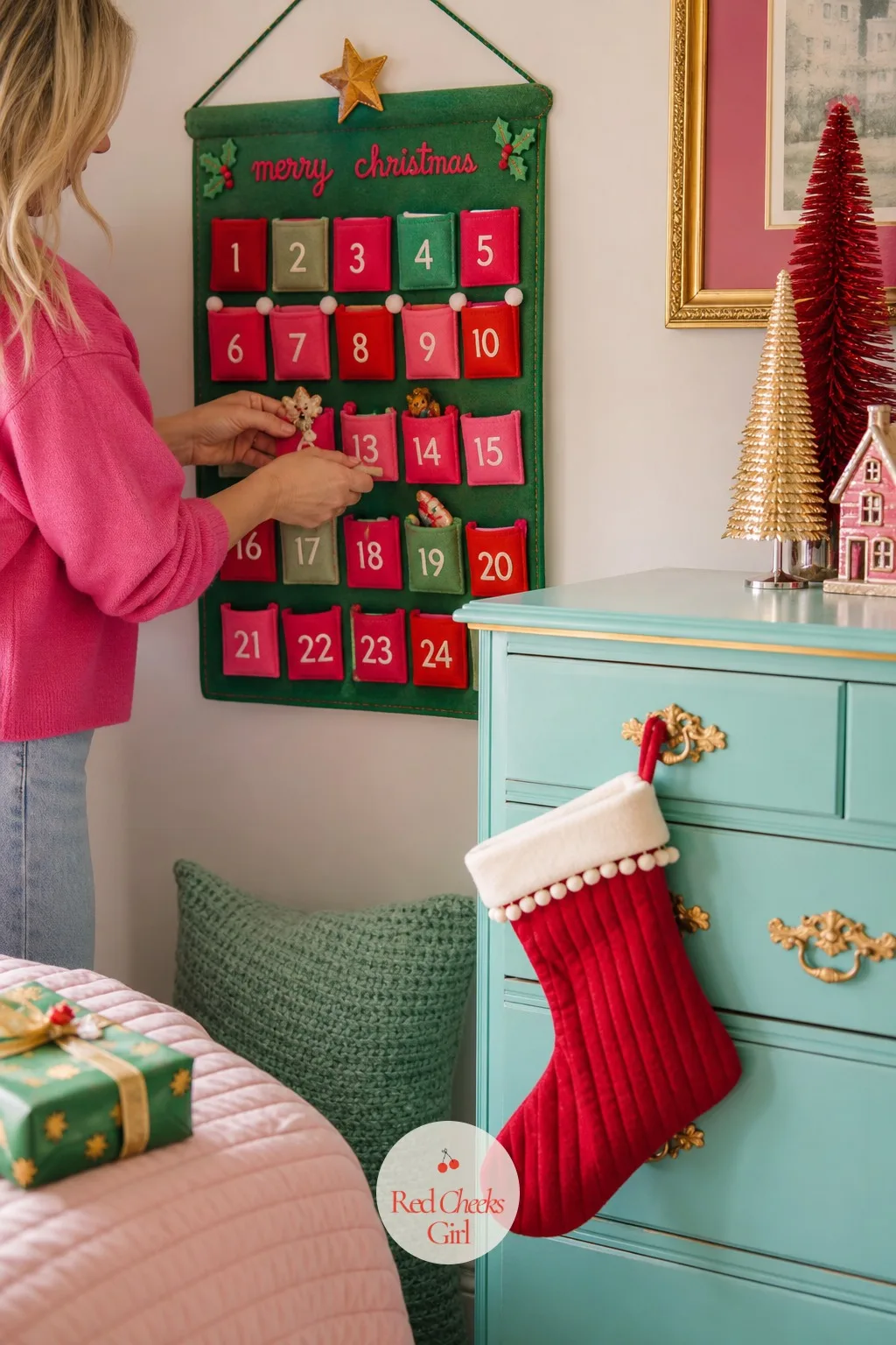 Kids' Corner With a Stocking Hung on a Painted Dresser and a Felt Advent Calendar — A child's room does not need a full theme, just one object they can check