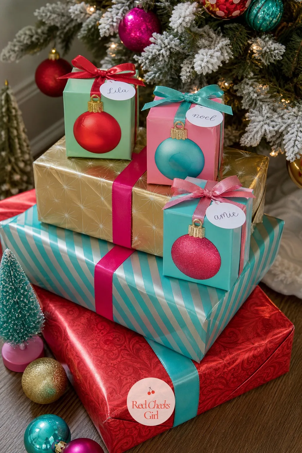 Ornament Favor Box Scene on a Wrapped Gift Stack — A favor tucked under the tree feels more like a gift than one handed over at the door. Kitsch christmas