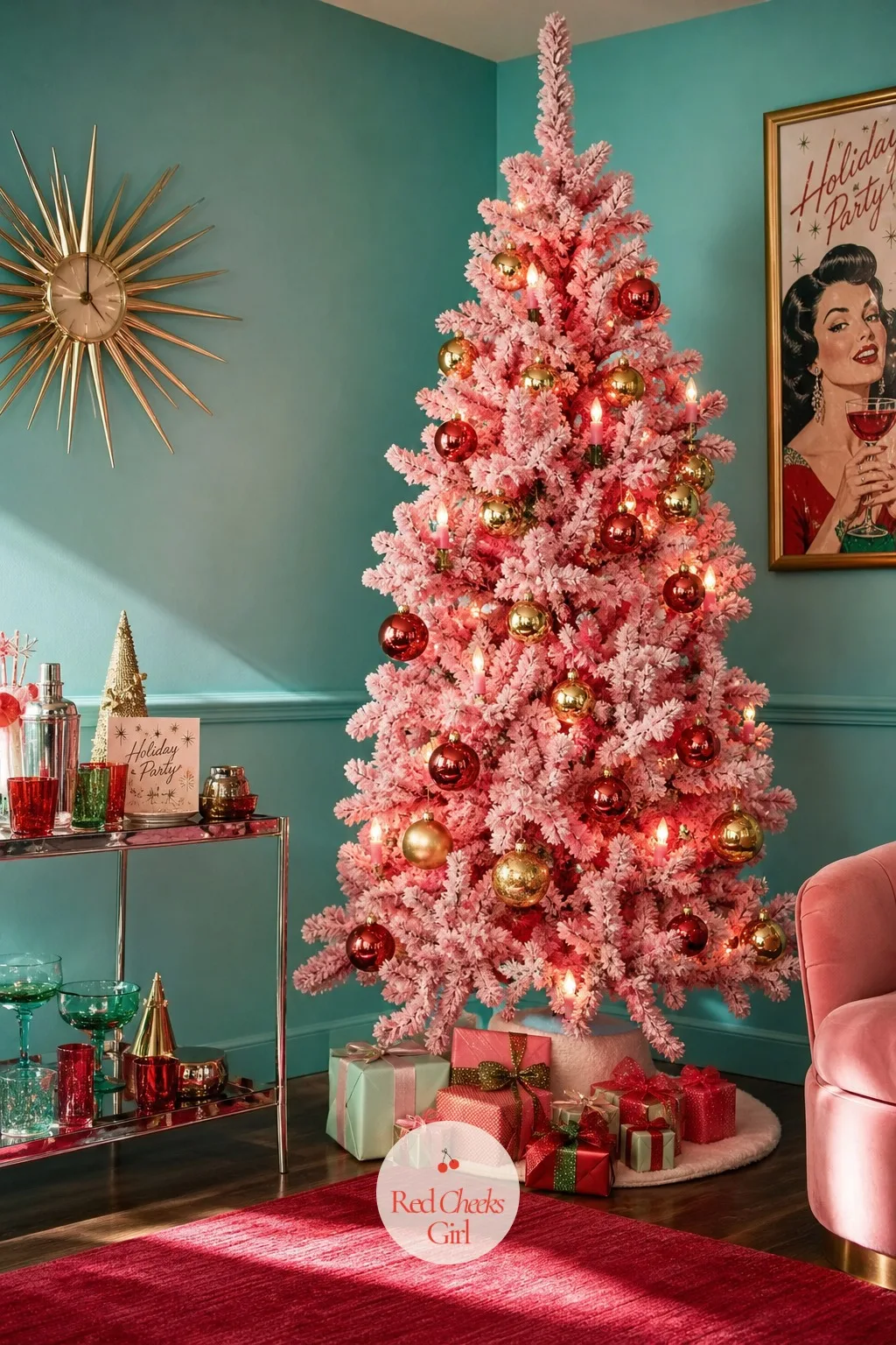 Pink Flocked Tree in a Turquoise Corner With Glass Ball Ornaments and Bubble Lights — A pink tree sounds like a stretch until it sits against turquoise and