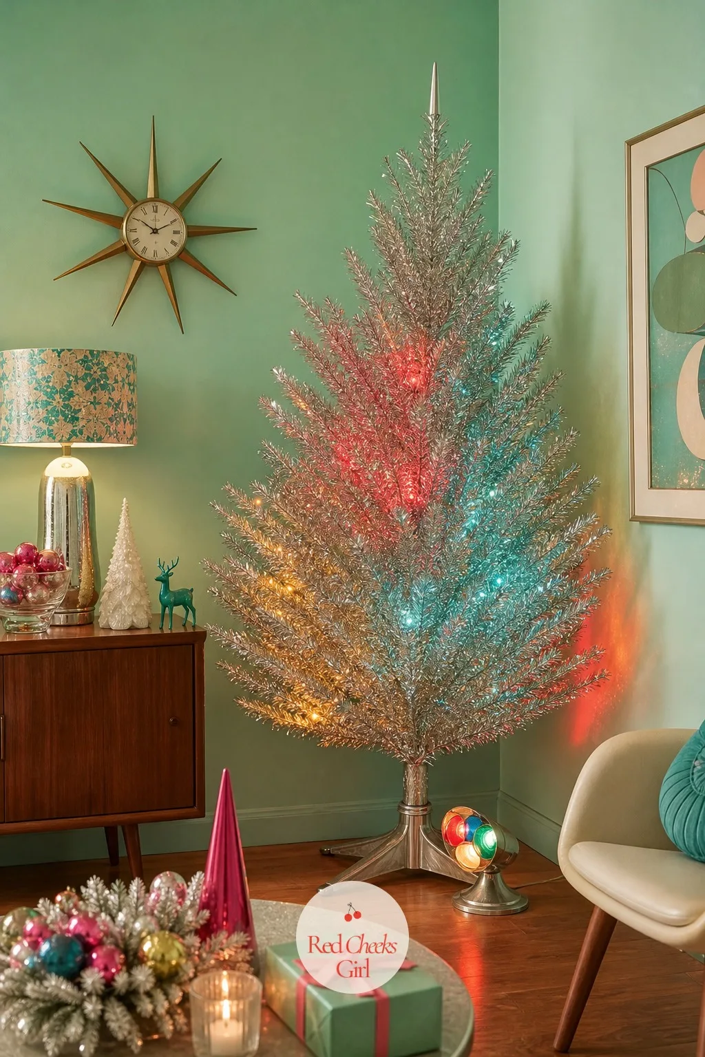 Silver Aluminum Tree With a Color Wheel in a Mint Green Corner — No lights sit on the branches themselves, which is exactly why this tree still looks like