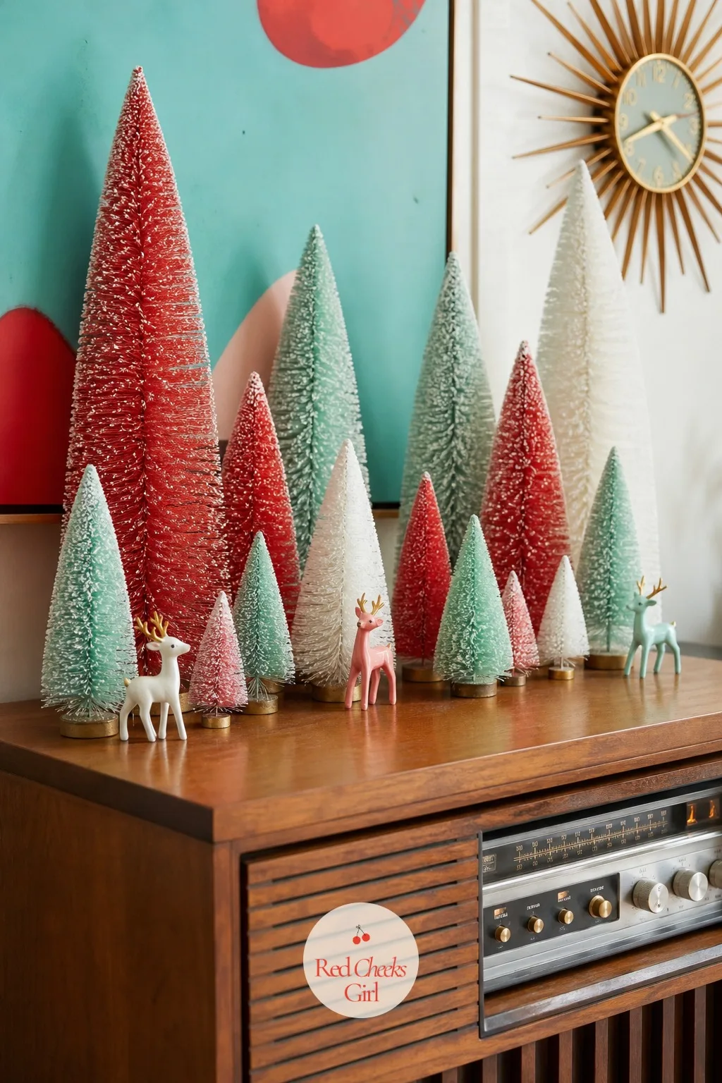 Tabletop Bottle Brush Forest on a Hi-Fi Cabinet — No floor space for a tree does not mean no tree at all. Kitsch christmas