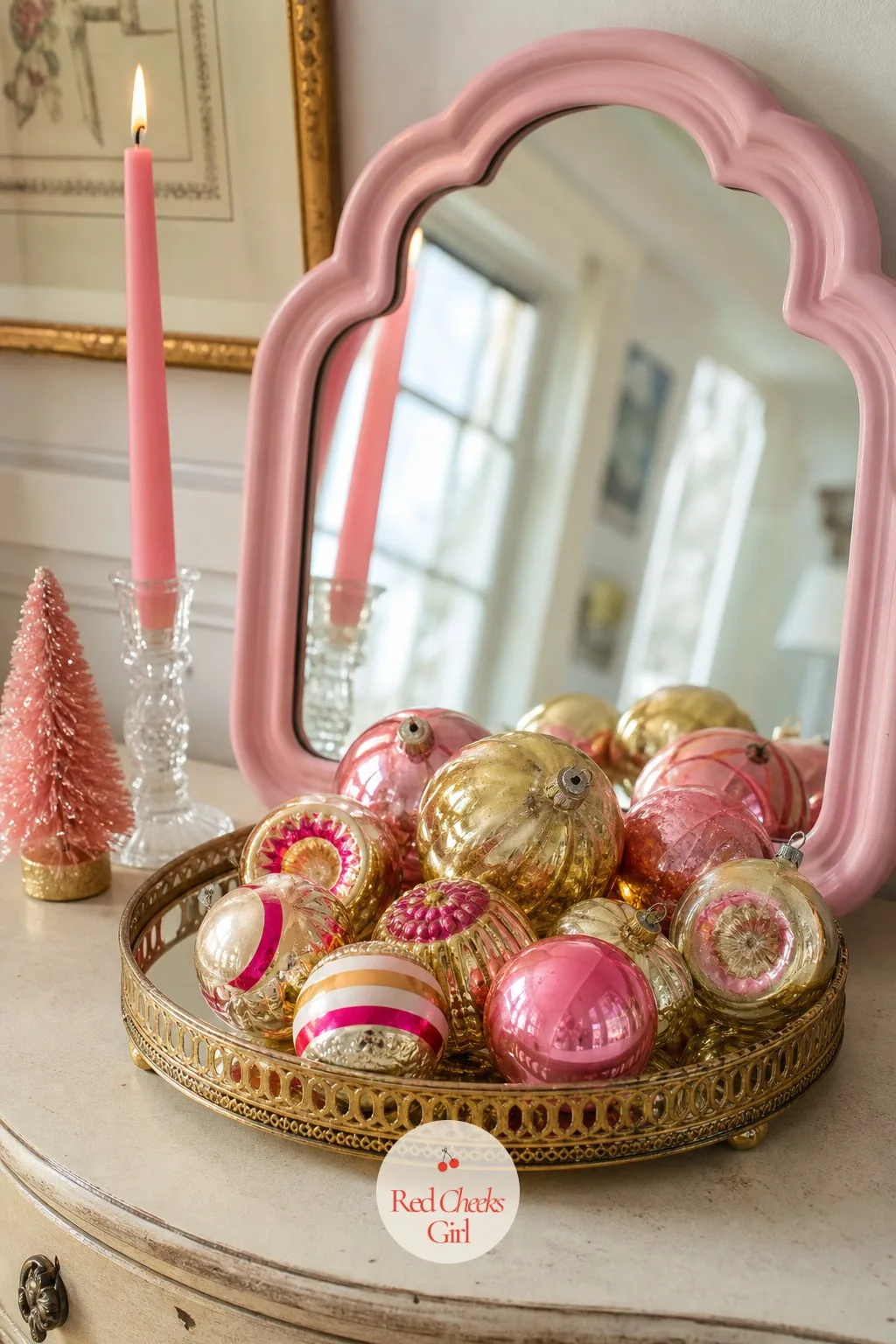 Vanity Tray Styled With Vintage Glass Ornaments and a Powder Pink Mirror — Not every corner needs a tree's worth of effort. Kitsch christmas
